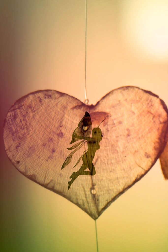 Coeur transparent suspendu dans une texture naturelle avec une fée papillon à l'intérieur comme une ombre, envol, transformation