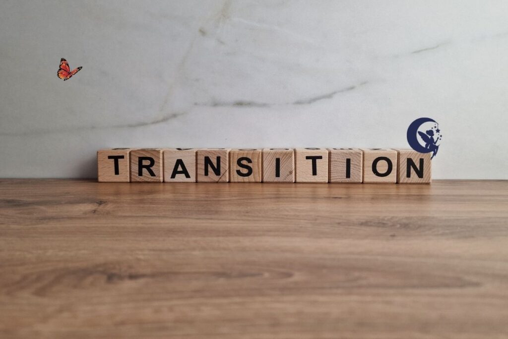 Petit cubes en bois avec une lettre sur chaque cube pour écrire le mot "transition", un papillon pour symboliser la transformation, Hypnose, Genève, Isabelle Rolli
