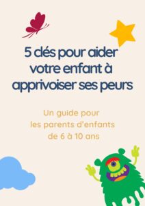 première page du livret pour apprivoiser les peurs, un petit fantôme vert, un papillon rouge, une étoile jaune, un nuage bleu